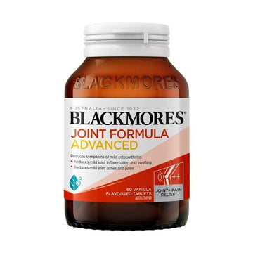 Blackmores Joint Formula Advanced 60 Tablets bottle with a white label, featuring green and yellow branding. A dietary supplement designed to support joint health, containing key ingredients like glucosamine, chondroitin, and MSM for improved mobility and comfort.