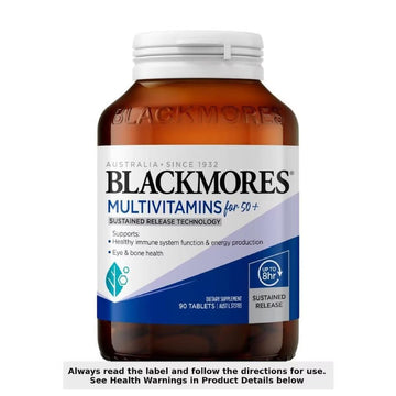 Blackmores Sustained Release Multivitamins for 50+ 90 Tablets bottle with a clear label showcasing a premium multivitamin supplement designed to support health and vitality for individuals aged 50 and over.