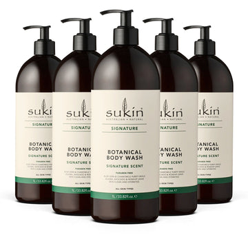 Five bottles of Sukin Botanical Body Wash on a white background
