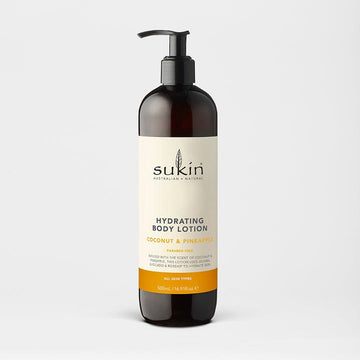 Sukin hydrating body lotion bottle on a light gray background