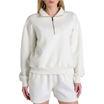 White fleece pullover with a quarter zip and shorts on a white background