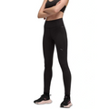 Person wearing black athletic leggings with a small logo on a white background