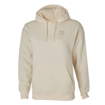 Beige hoodie with a small logo on the chest against a white background
