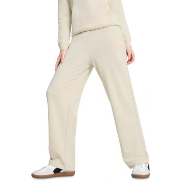Person wearing a beige tracksuit with white sneakers on a white background