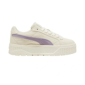 White sneaker with a purple logo on a white background