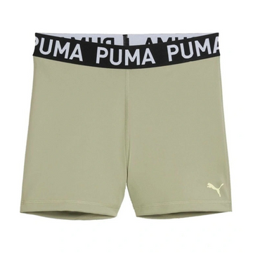 Green athletic shorts with a black Puma waistband on a white background