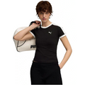 Person wearing a black Puma t-shirt holding a white duffel bag on a white background