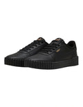 Black sneakers with a brand logo on a white background