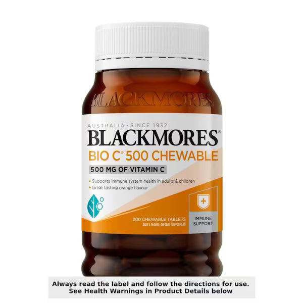 Blackmores Bio C Chewable 500mg 200 Tablets - High-strength Vitamin C supplement in chewable form for immune support and antioxidant protection.