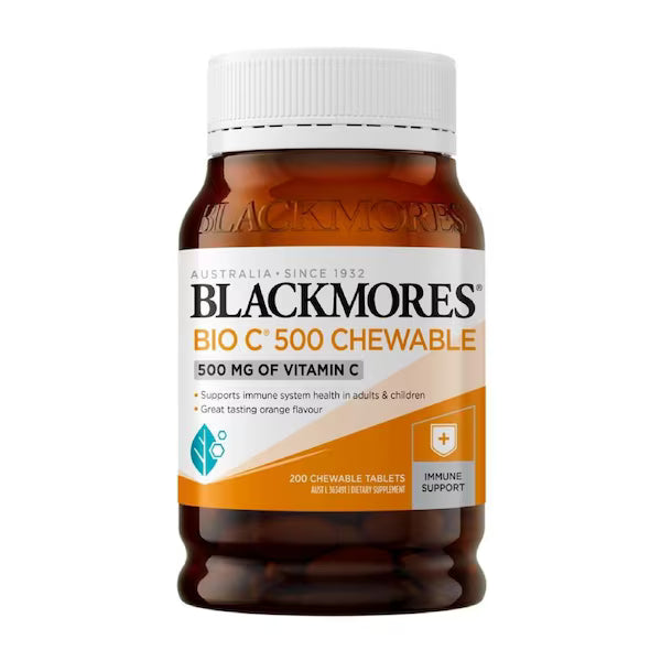 Blackmores Bio C Chewable 500mg 200 Tablets - High-strength Vitamin C supplement in chewable form for immune support and antioxidant protection.