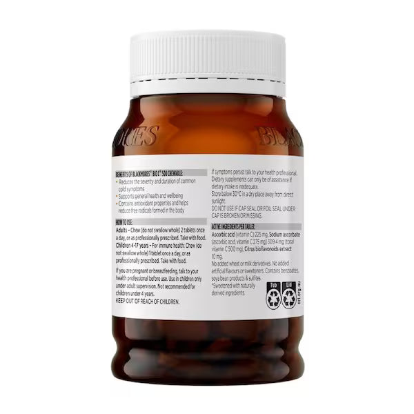 Blackmores Bio C Chewable 500mg 200 Tablets - High-strength Vitamin C supplement in chewable form for immune support and antioxidant protection.