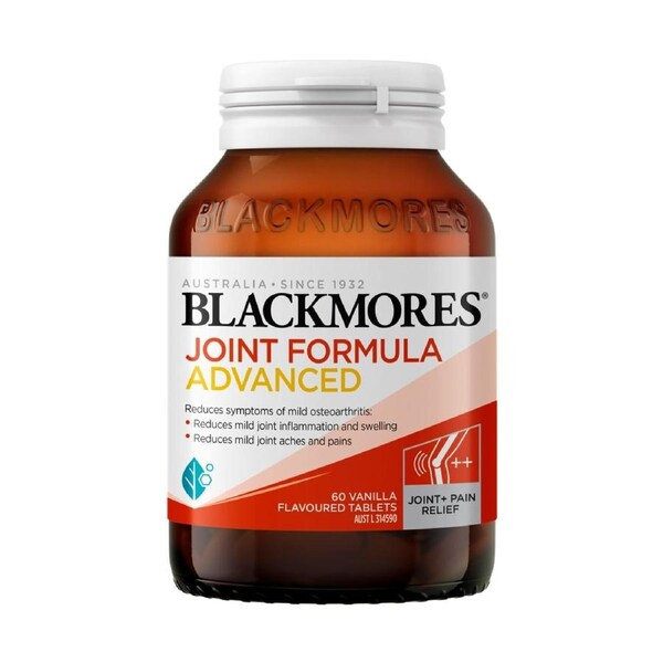 Blackmores Joint Formula Advanced 60 Tablets bottle with a white label, featuring green and yellow branding. A dietary supplement designed to support joint health, containing key ingredients like glucosamine, chondroitin, and MSM for improved mobility and comfort.