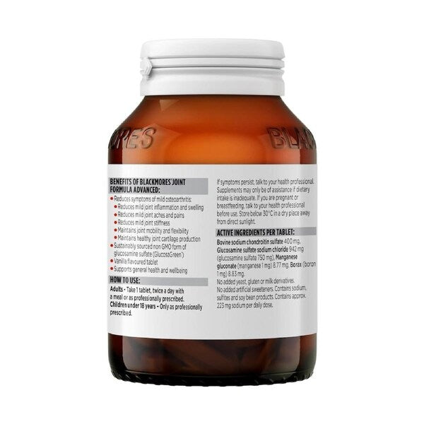 Blackmores Joint Formula Advanced 60 Tablets bottle with a white label, featuring green and yellow branding. A dietary supplement designed to support joint health, containing key ingredients like glucosamine, chondroitin, and MSM for improved mobility and comfort.