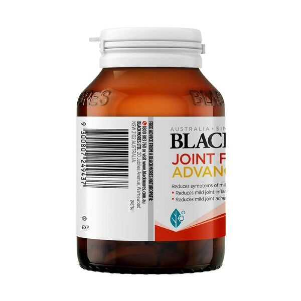 Blackmores Joint Formula Advanced 60 Tablets bottle with a white label, featuring green and yellow branding. A dietary supplement designed to support joint health, containing key ingredients like glucosamine, chondroitin, and MSM for improved mobility and comfort.