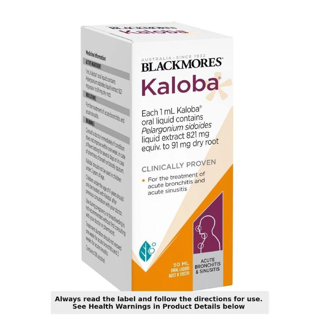 Blackmores Kaloba Liquid 50ml bottle with a green label featuring herbal extracts for respiratory health support.