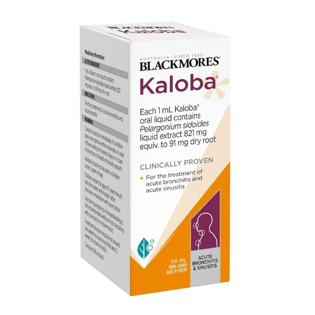 Blackmores Kaloba Liquid 50ml bottle with a green label featuring herbal extracts for respiratory health support.