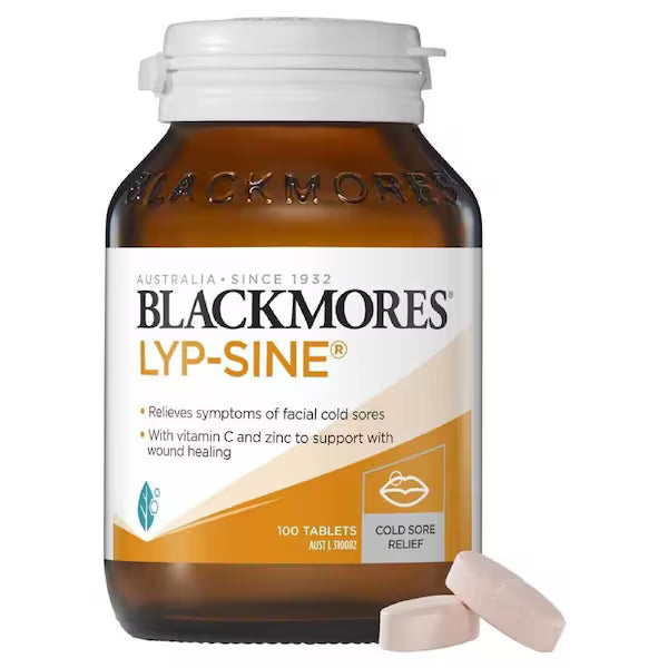Blackmores Lyp-Sine 100 Tablets is a dietary supplement designed to support immune function and relieve cold sores. This product features 100 tablets in a bottle.