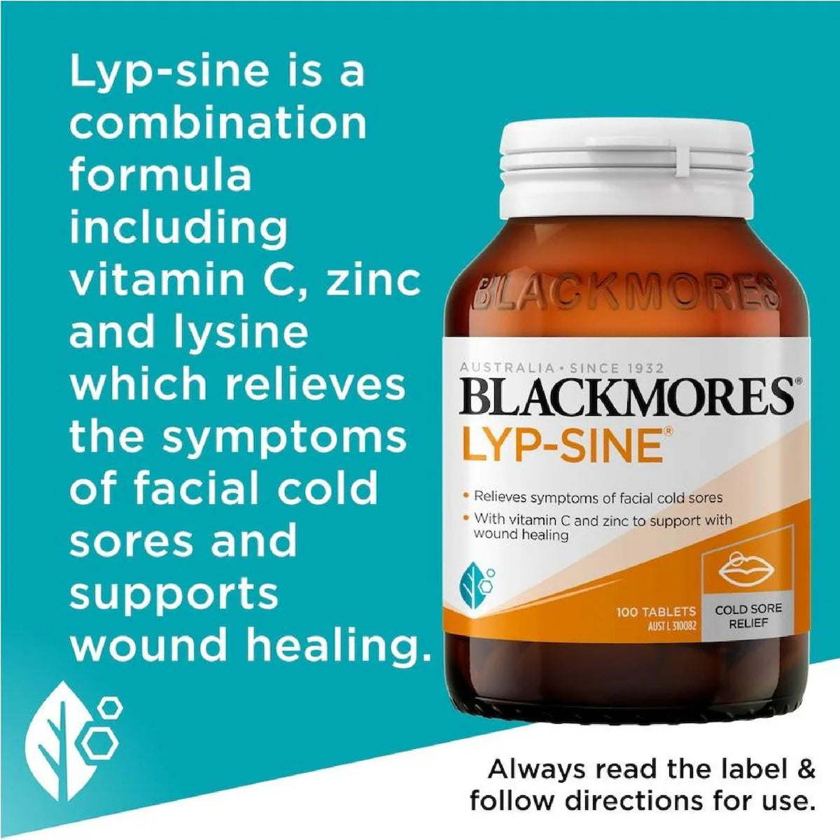 Blackmores Lyp-Sine 100 Tablets for cold sore treatment, immune support, and skin health.