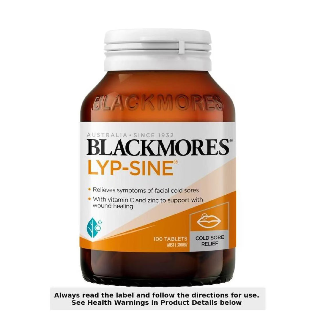 Blackmores Lyp-Sine 100 Tablets is a dietary supplement designed to support immune function and relieve cold sores. This product features 100 tablets in a bottle.