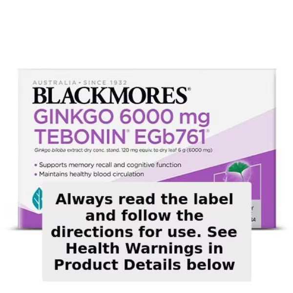Blackmores Ginkgo 6000mg Tebonin Egb 761 - 30 Tablets bottle, a natural supplement for memory and cognitive support.