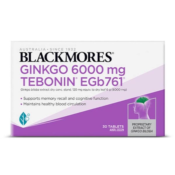 Blackmores Ginkgo 6000mg Tebonin Egb 761 - 30 Tablets bottle, a natural supplement for memory and cognitive support.