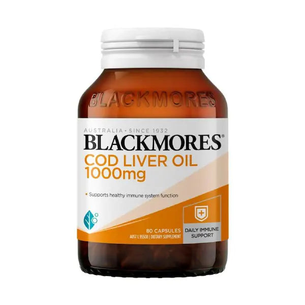 Blackmores Cod Liver Oil 1000mg 80 Capsules, featuring a bottle of high-quality fish oil supplement for joint, heart, and immune health.