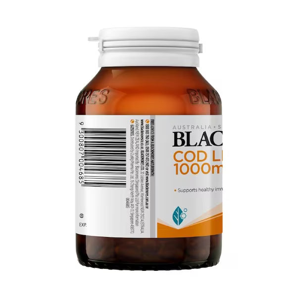 Blackmores Cod Liver Oil 1000mg 80 Capsules, featuring a bottle of high-quality fish oil supplement for joint, heart, and immune health.