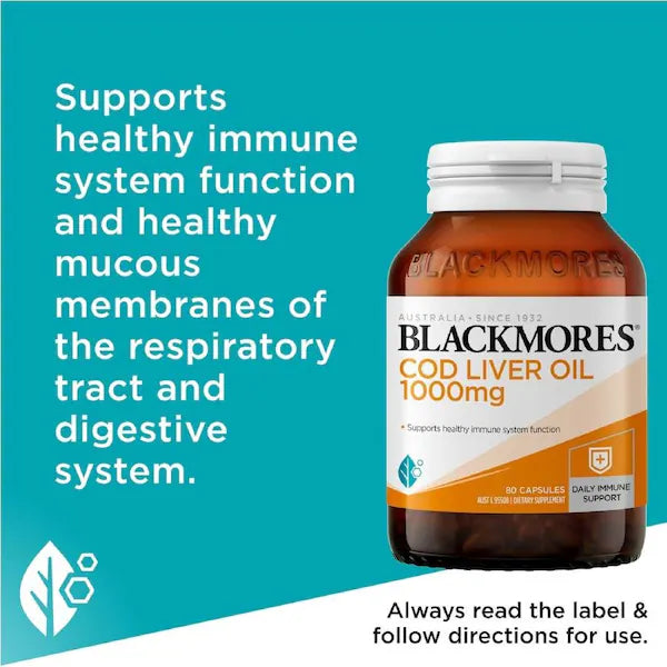 Blackmores Cod Liver Oil 1000mg 80 Capsules, featuring a bottle of high-quality fish oil supplement for joint, heart, and immune health.