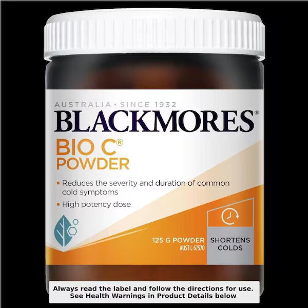 Blackmores Bio C Powder Vitamin C 125g container with a natural, healthy look, featuring a white label and orange branding.