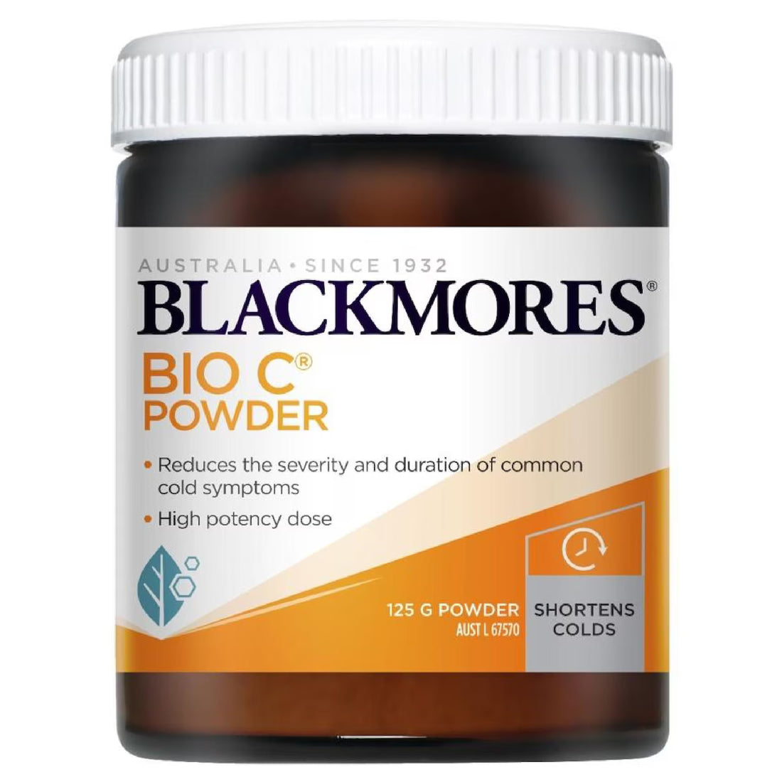 Blackmores Bio C Powder Vitamin C 125g container with a natural, healthy look, featuring a white label and orange branding.