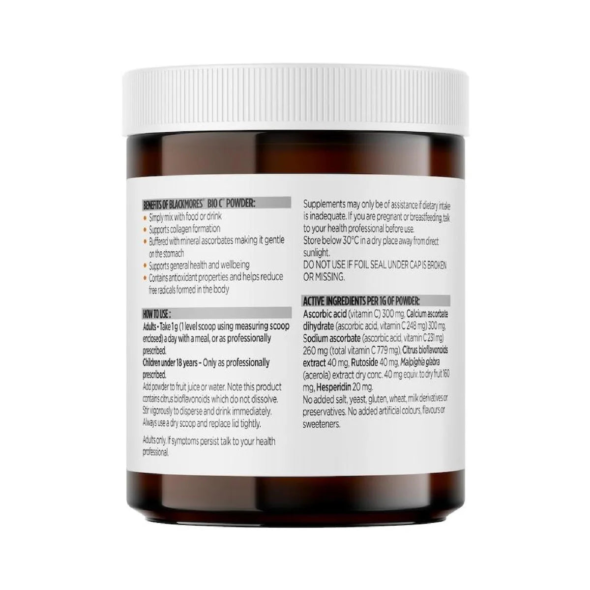 Blackmores Bio C Powder Vitamin C 125g container with a natural, healthy look, featuring a white label and orange branding.