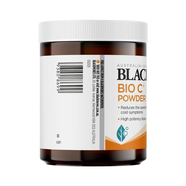 Blackmores Bio C Powder Vitamin C 125g container with a natural, healthy look, featuring a white label and orange branding.