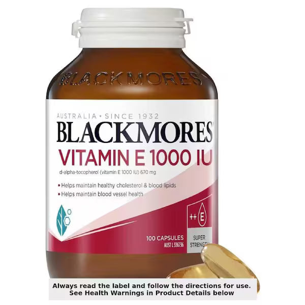 Blackmores Vitamin E 1000IU 100 Capsules bottle front view, featuring a green and gold design, showcasing the product's label and packaging.
