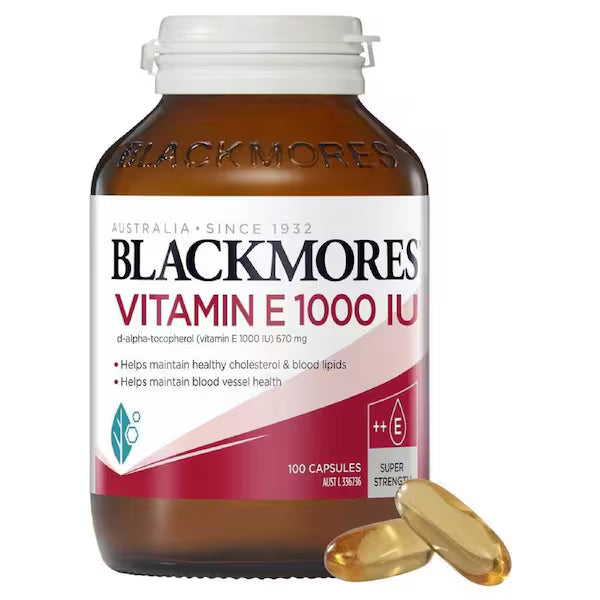 Blackmores Vitamin E 1000IU 100 Capsules bottle front view, featuring a green and gold design, showcasing the product's label and packaging.