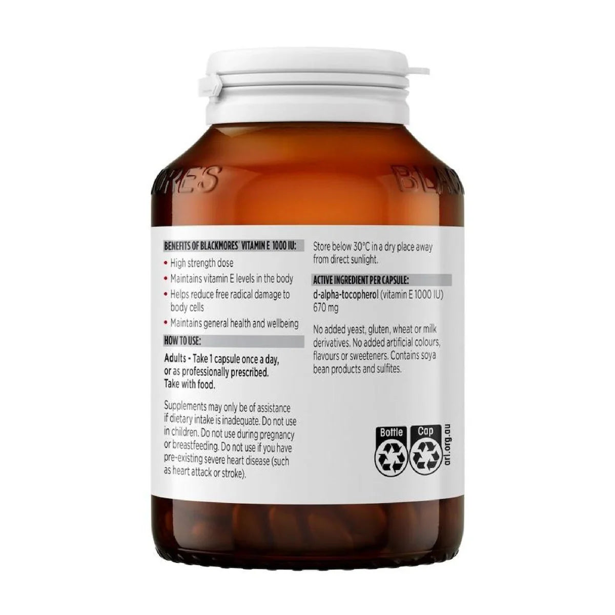 Blackmores Vitamin E 1000IU 100 Capsules bottle front view, featuring a green and gold design, showcasing the product's label and packaging.