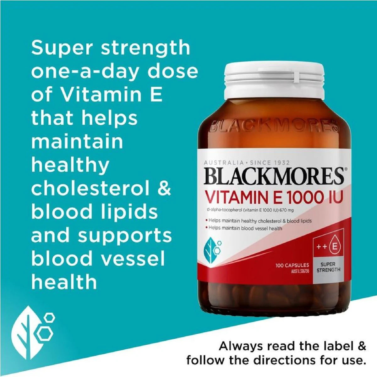 Blackmores Vitamin E 1000IU 100 Capsules bottle front view, featuring a green and gold design, showcasing the product's label and packaging.