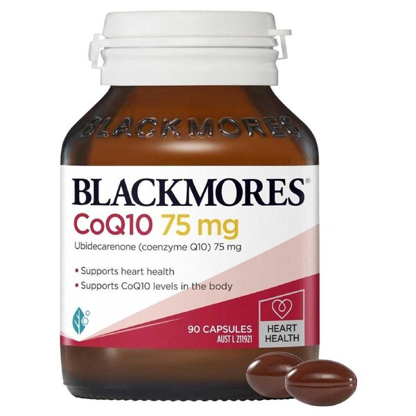 Blackmores CoQ10 75mg 90 Capsules, a bottle of dietary supplements for heart and energy health.