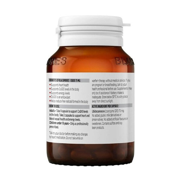 Blackmores CoQ10 75mg 90 Capsules, a bottle of dietary supplements for heart and energy health.