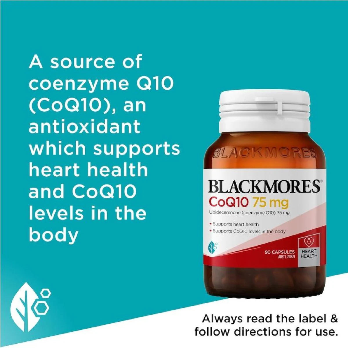 Blackmores CoQ10 75mg 90 Capsules, a bottle of dietary supplements for heart and energy health.