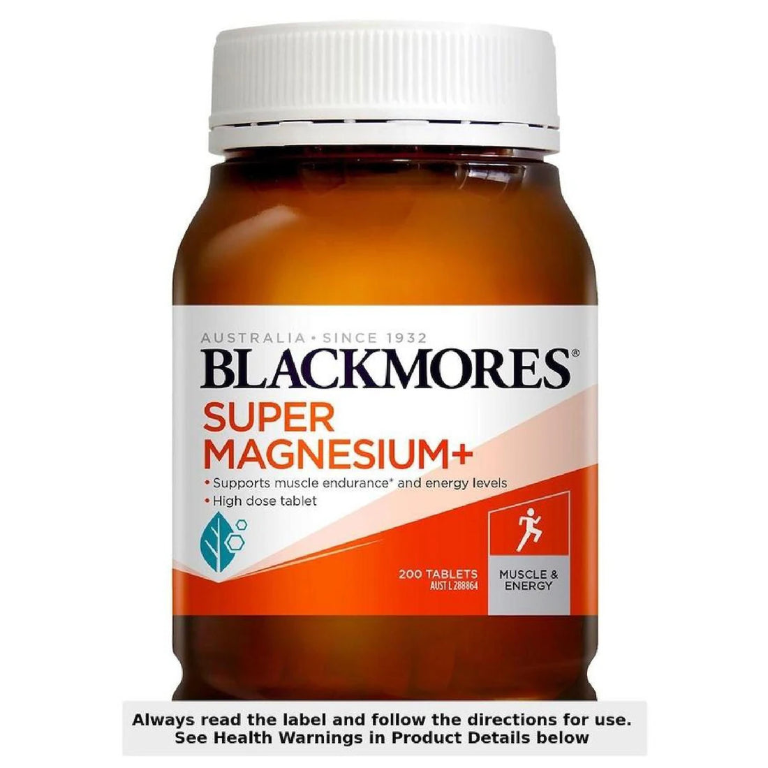 Blackmores Super Magnesium Plus 200 Tablets bottle with a white and blue label, featuring magnesium, vitamin D3, and zinc for muscle health and relaxation.