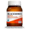 Blackmores Super Magnesium Plus 200 Tablets bottle with a white and blue label, featuring magnesium, vitamin D3, and zinc for muscle health and relaxation.