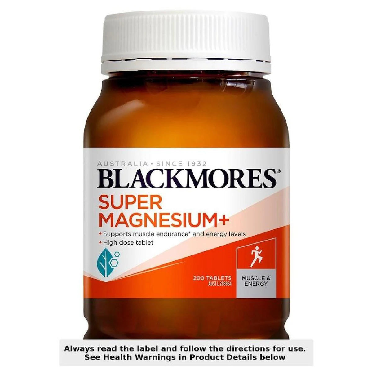 Blackmores Super Magnesium Plus 200 Tablets bottle with a white and blue label, featuring magnesium, vitamin D3, and zinc for muscle health and relaxation.