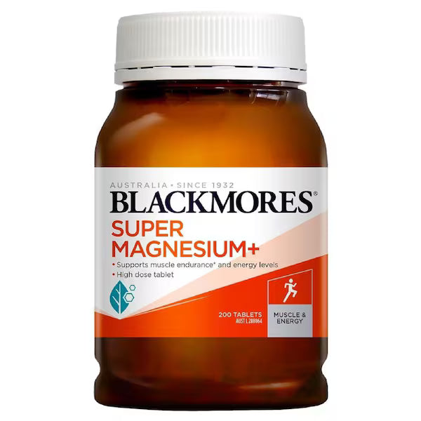 Blackmores Super Magnesium Plus 200 Tablets bottle with a white and blue label, featuring magnesium, vitamin D3, and zinc for muscle health and relaxation.