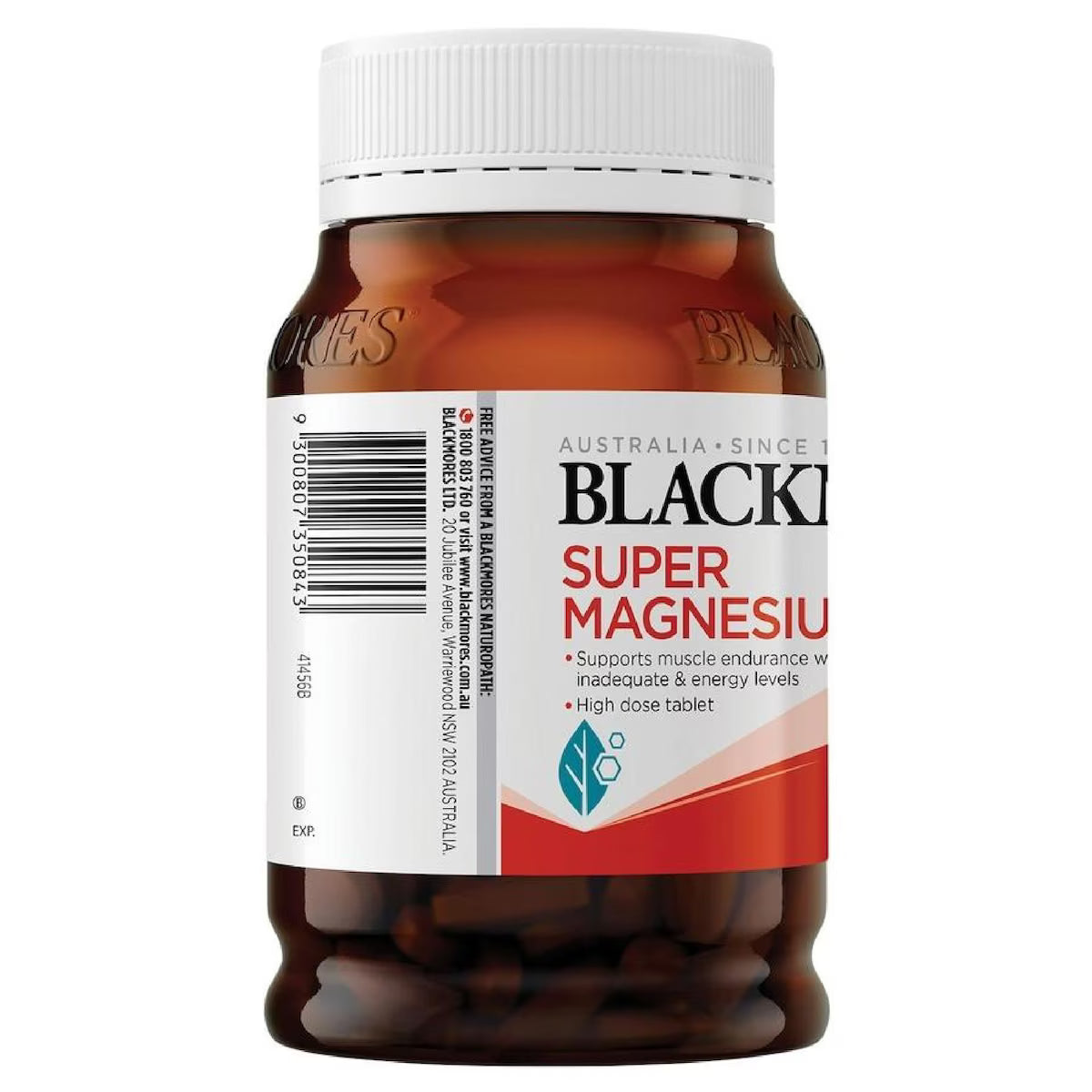 Blackmores Super Magnesium Plus 200 Tablets bottle with a white and blue label, featuring magnesium, vitamin D3, and zinc for muscle health and relaxation.