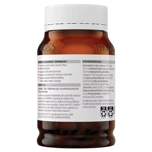 Blackmores Super Magnesium Plus 200 Tablets bottle with a white and blue label, featuring magnesium, vitamin D3, and zinc for muscle health and relaxation.