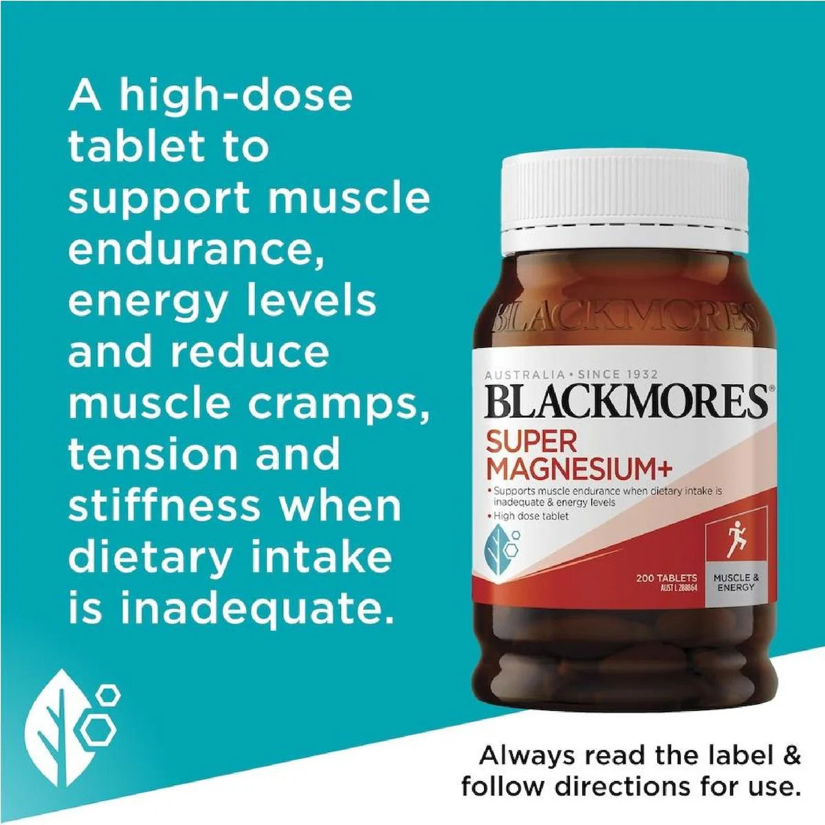 Blackmores Super Magnesium Plus 200 Tablets bottle with a white and blue label, featuring magnesium, vitamin D3, and zinc for muscle health and relaxation.