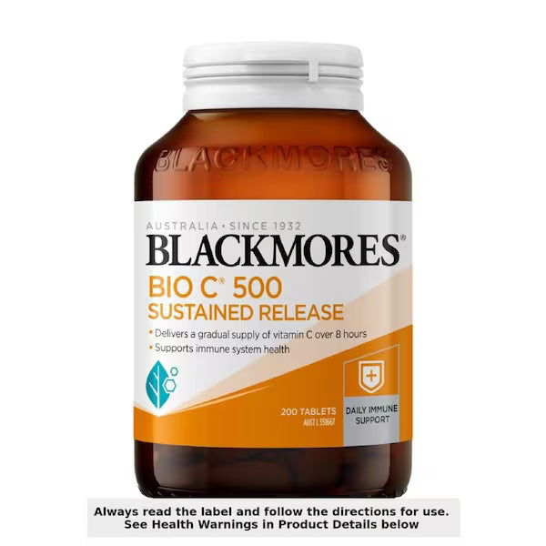 Blackmores Bio C 500mg Vitamin C Sustained Release 200 Tablets bottle with a white background showcasing the product packaging.