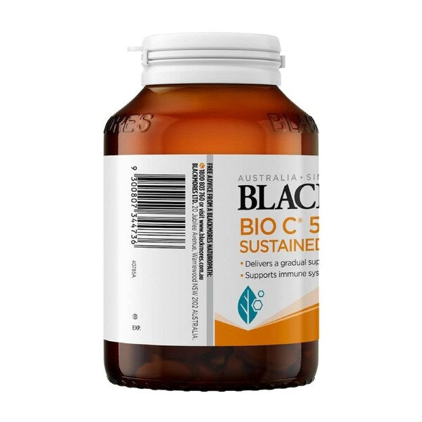 Blackmores Bio C 500mg Vitamin C Sustained Release 200 Tablets bottle with a white background showcasing the product packaging.