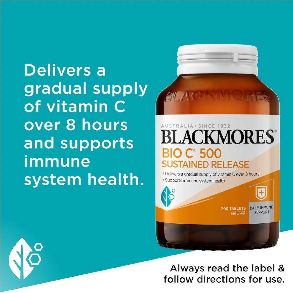 Blackmores Bio C 500mg Vitamin C Sustained Release 200 Tablets bottle with a white background showcasing the product packaging.