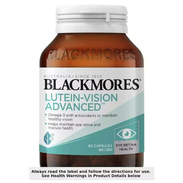 Blackmores Lutein Vision Advanced 60 Capsules, dietary supplement for eye health, packed with lutein and zeaxanthin for vision support, 60 soft gel capsules in bottle.
